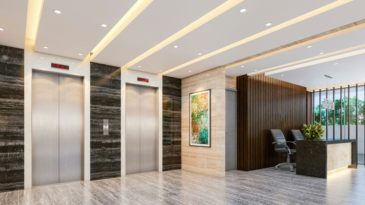 Bank lobby with elevators.