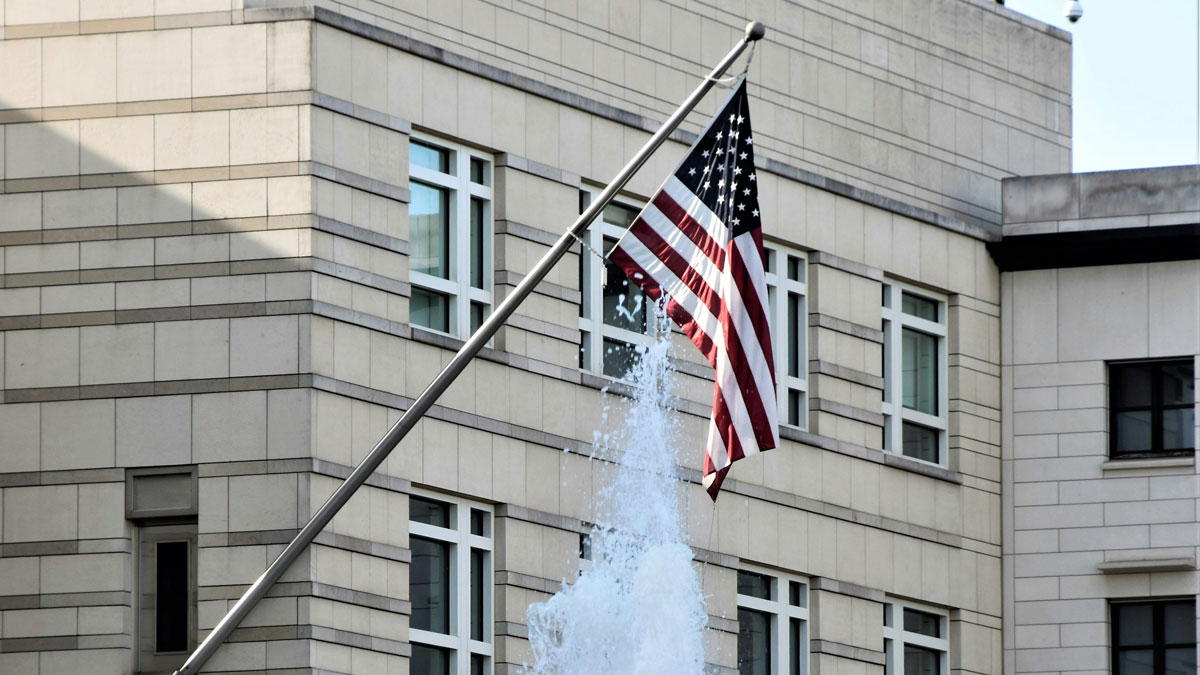 Government building with American flag.