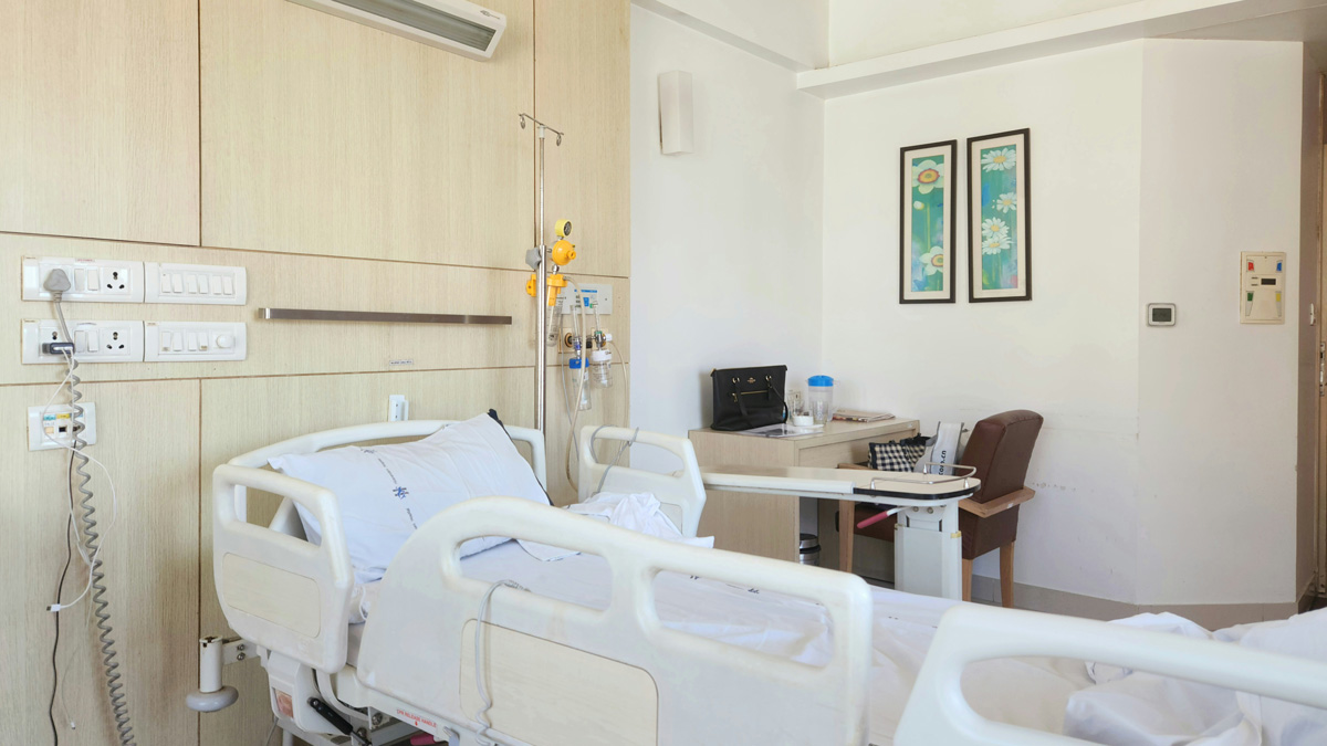 Hospital room with bed.